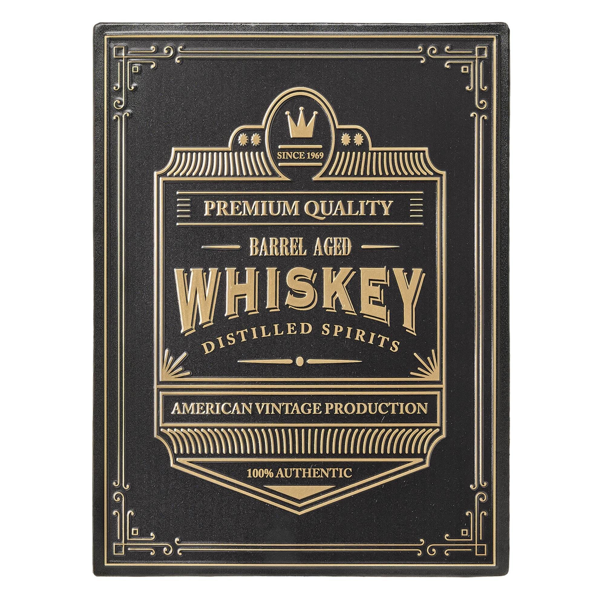 American Art Decor Barrel Aged Whiskey Embossed Black and Gold Metal Bar Sign